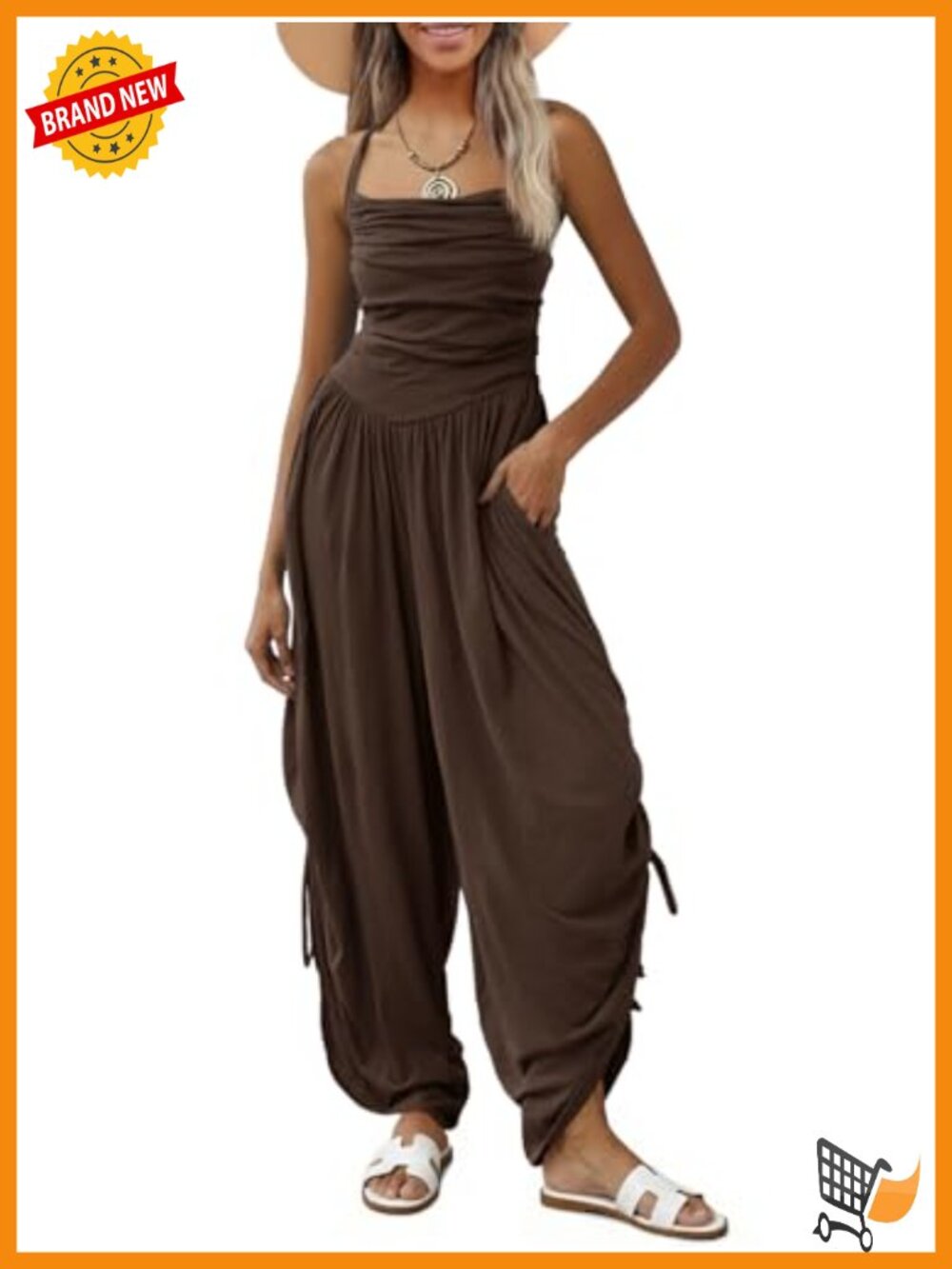 Fisoew Halter Straps Sleeveless Wide Leg Jumpsuit Side-Cinch Barrel